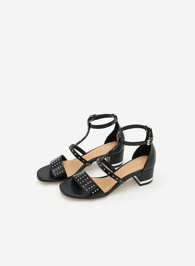 Giày Sandal Gót Vuông Phối Đinh Tán - Màu Đen - SDN 0604