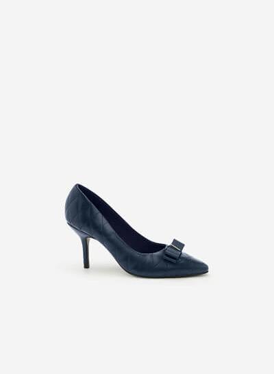 Giày Cao Gót May Chần Đính Nơ - Màu Xanh Navy - BMN 0288