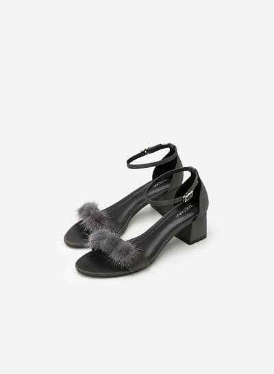 Giày Sandal Cao Gót Vuông Lông Vũ - SDN 0622 - Màu Xám