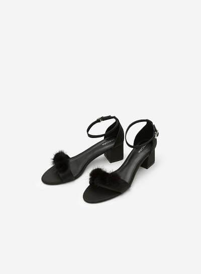 Giày Sandal Cao Gót Vuông Lông Vũ - SDN 0622 - Màu Đen