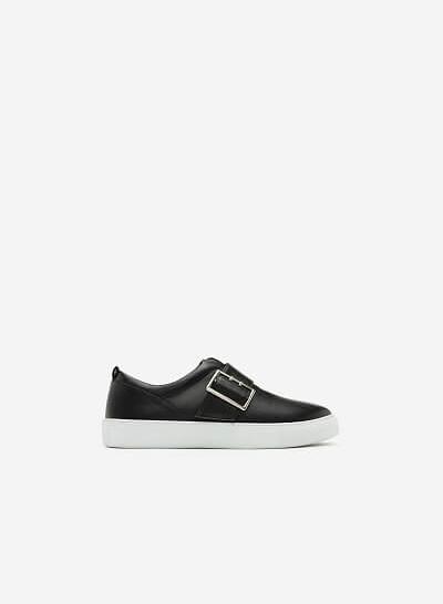 Giày Sneaker Da Bóng Phối Khóa - SNK 0019 - Màu Đen