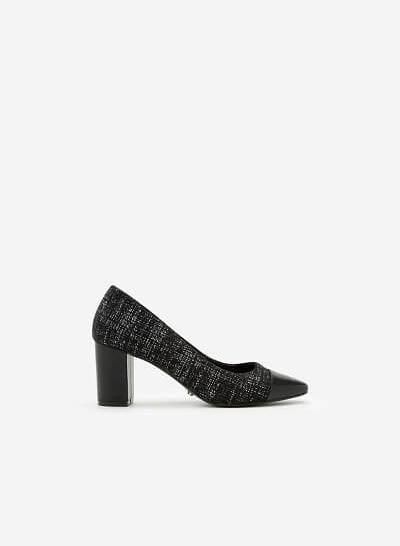 Giày Cao Gót Vải Tweed Mũi Phối Da - BMN 0298 - Màu Xanh Dương