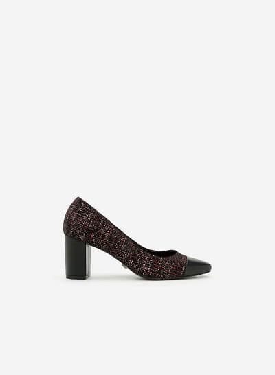 Giày Cao Gót Vải Tweed Mũi Phối Da - BMN 0298 - Màu Đỏ