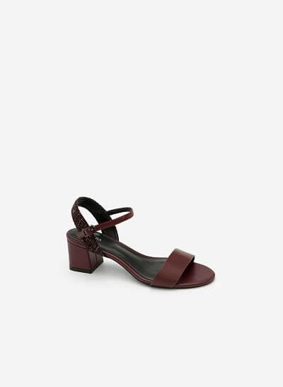Giày Sandal Gót Vuông Phối Vải Tweed - SDN 0611 - Màu Đỏ Đậm