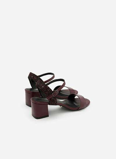 Giày Sandal Gót Vuông Phối Vải Tweed - SDN 0611 - Màu Đỏ Đậm - VASCARA
