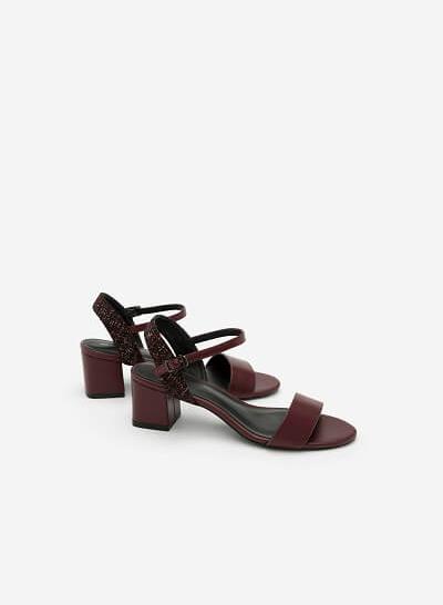Giày Sandal Gót Vuông Phối Vải Tweed - SDN 0611 - Màu Đỏ Đậm - VASCARA