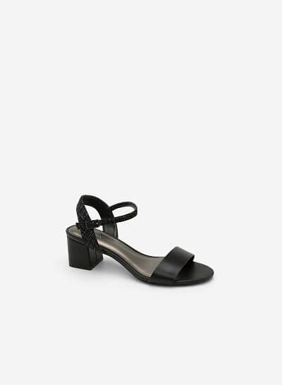 Giày Sandal Gót Vuông Phối Vải Tweed - SDN 0611 - Màu Đen