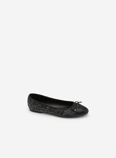 Giày Búp Bê Vải Tweed Đính Nơ - GBB 0404 - Màu Xanh Dương
