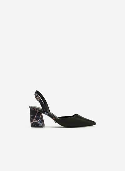 Giày Slingback Mũi Nhọn Họa Tiết Hoa - BMN 0408 - Màu Đen - VASCARA