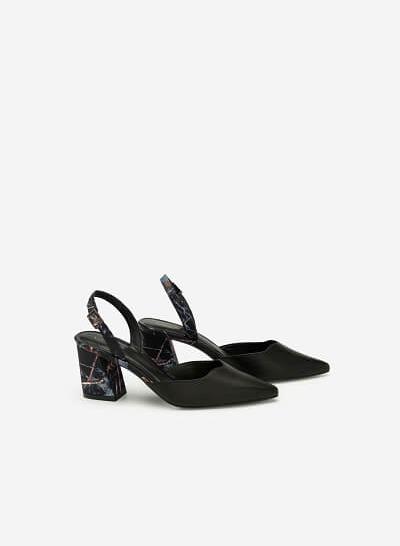 Giày Slingback Mũi Nhọn Họa Tiết Hoa - BMN 0408 - Màu Đen - VASCARA