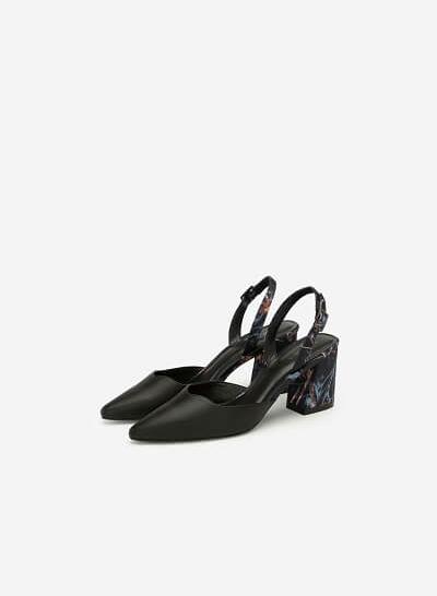 Giày Slingback Mũi Nhọn Họa Tiết Hoa - BMN 0408 - Màu Đen - VASCARA
