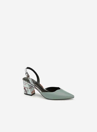 Giày Slingback Mũi Nhọn Họa Tiết Hoa - BMN 0408 - Màu Xanh Da Trời