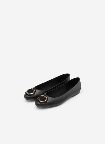 Giày Búp Bê Mũi Tròn Phối Khóa Cài - GBB 0411 - Màu Đen