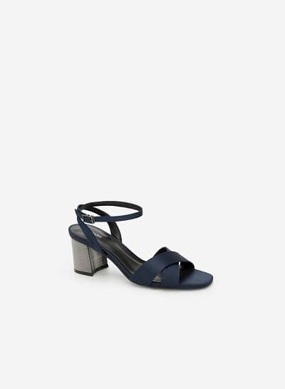 Giày Sandal Gót Metallic Phối Vải Satin - SDN 0641 - Màu Xanh Navy