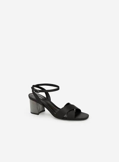 Giày Sandal Gót Metallic Phối Vải Satin - SDN 0641 - Màu Đen