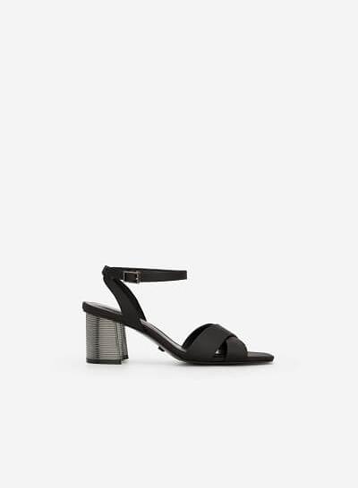 Giày Sandal Gót Metallic Phối Vải Satin - SDN 0641 - Màu Đen - VASCARA
