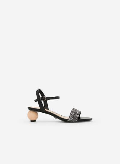 Giày Sandal Gót Hình Học Phối Vải Tweed - SDN 0635 - Màu Đen