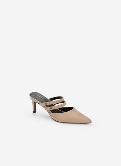 Guốc Mule Gót Nhọn Phối Quai Ngang - GNN 0133 - Màu Be Đậm