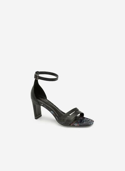 Giày Cao Gót Ankle Strap Phối Họa Tiết - SDN 0654 - Màu Đen