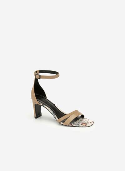 Giày Cao Gót Ankle Strap Phối Họa Tiết - SDN 0654 - Màu Be Đậm