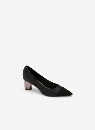 Giày Bít Gót Trụ Metalic Phối Satin - BMN 0367 - Màu Đen