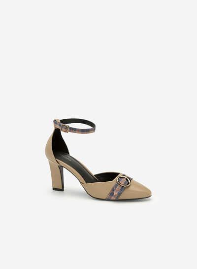 Giày Ankle Strap Phối Khóa Nơ Sọc Caro - BMN 0363 - Màu Be Đậm