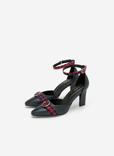 Giày ankle strap khóa nơ sọc caro