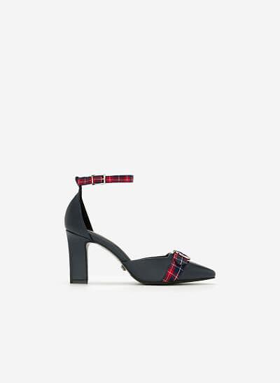 Giày ankle strap phối khóa nơ sọc caro - BMN 0363 - Màu xanh navy - VASCARA