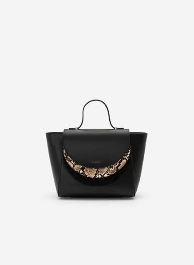 Túi Xách Tay Phối Vân Da Rắn Và Nubuck - SAT 0247 - Màu Đen