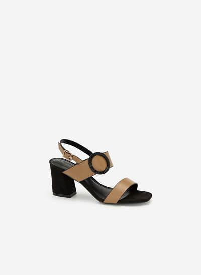 Giày Sandal Cao Gót Trang Trí Vòng Kim Loại - SDN 0656 - Màu Be Đậm