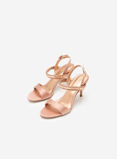 Giày sandal cao gót satin quai đính pha lê - SDN 0658 - Màu hồng - VASCARA