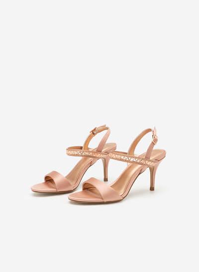 Giày sandal cao gót satin quai đính pha lê - SDN 0658 - Màu hồng - VASCARA