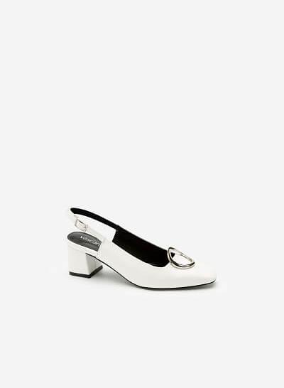 Giày Slingback Gót Trụ Vuông Trang Trí Khóa Bạc - BMN 0397 - Màu Trắng