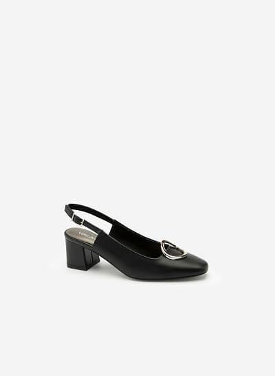 Giày Slingback Gót Trụ Vuông Trang Trí Khóa Bạc - BMN 0397 - Màu Đen