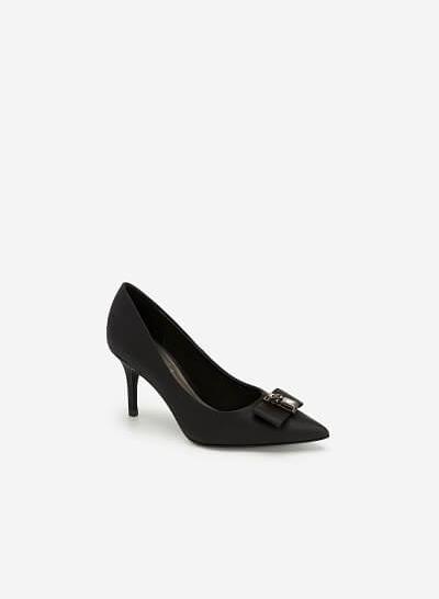 Giày Cao Gót Mũi Nhọn Satin Phối Nơ - BMN 0430 - Màu Đen
