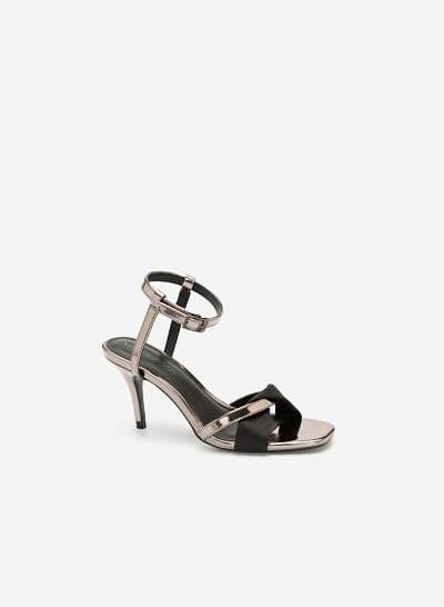 Giày Sandal Cao Gót Ankle Strap Phối Satin - SDN 0653 - Màu Đen