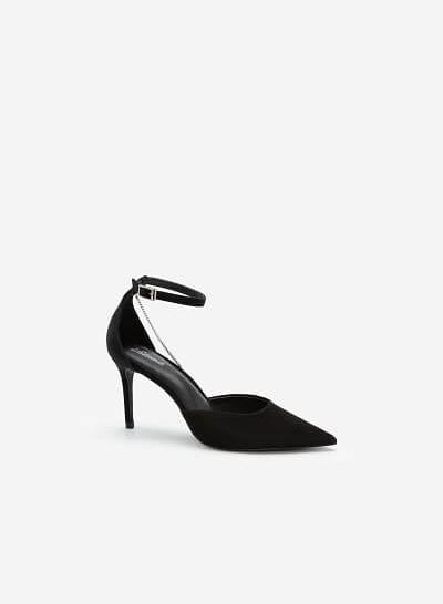 Giày Bít Mũi Nhọn Ankle Strap Đính Dây Kim Loại Bạc - BMN 0491 - Màu Đen
