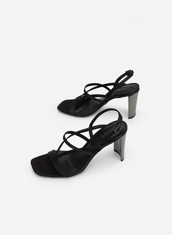 Giày Sandal Cao Gót Metallic Quai Viền Chỉ Nổi - SDN 0701 - Màu Đen - VASCARA