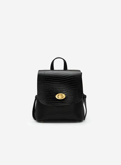 Balo Nắp Gập Phối Vân Cá Sấu Khóa Cài Oval - BAC 0148 - Màu Đen