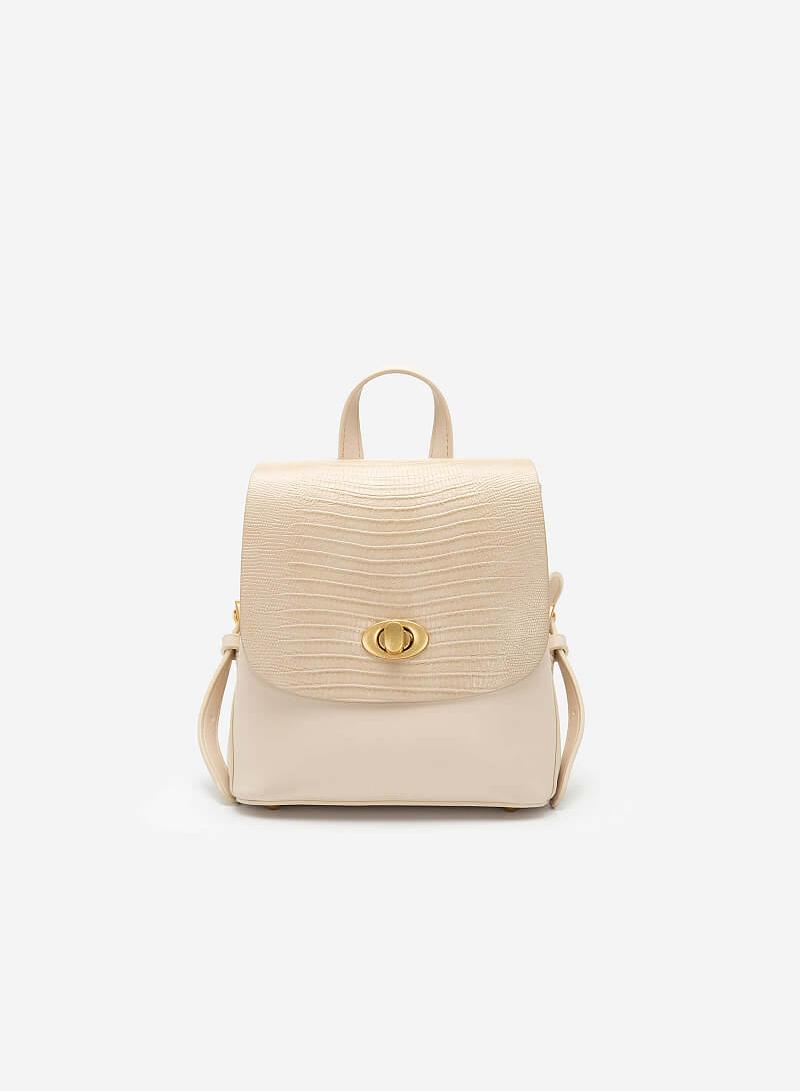 Balo Nắp Gập Phối Vân Cá Sấu Khóa Cài Oval - BAC 0148 - Màu Kem