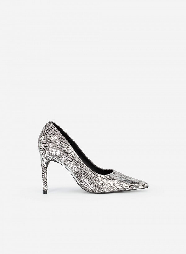Giày Cao Gót Mũi Nhọn Vân Da Rắn Phối Metallic - BMN 0479 - Màu Xám