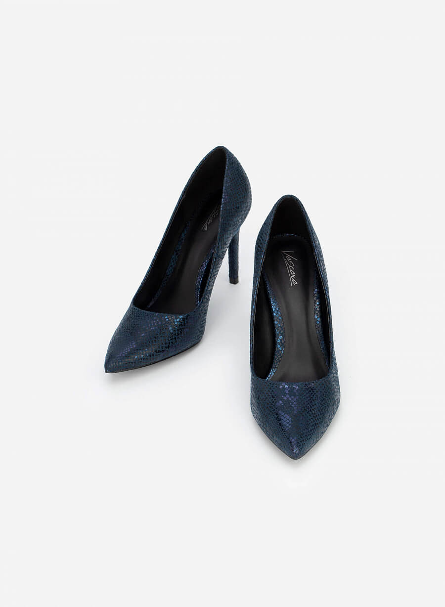 Giày cao gót mũi nhọn vân da rắn phối metallic - BMN 0479 - Màu xanh navy - vascara.com