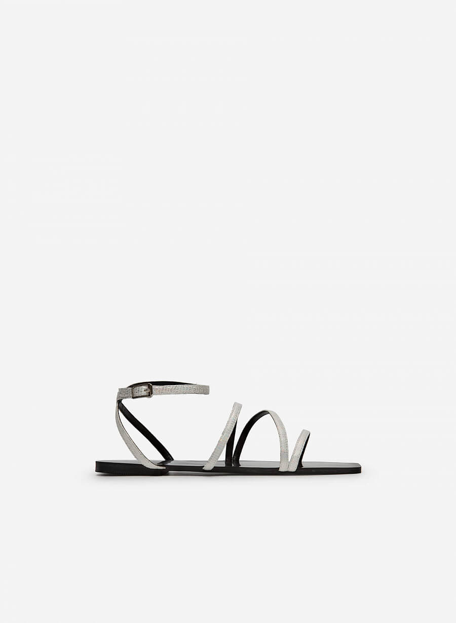 Giày Sandal Ankle Đế Bệt Mũi Vuông Vân Da Kỳ Đà - SDK 0317 - Màu Bạc