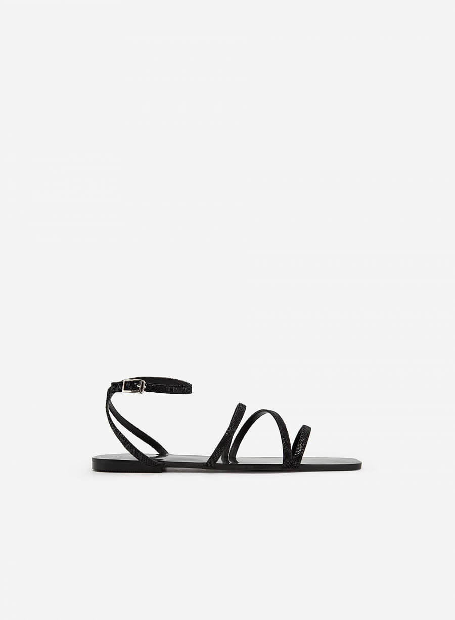 Giày sandal ankle đế bệt mũi vuông vân da kỳ đà - SDK 0317 - Màu đen - vascara.com