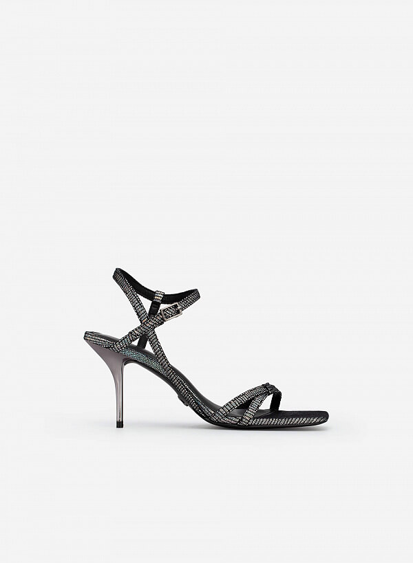 Giày Sandal Quai Mảnh Đan Nơ Vân Da Kỳ Đà - SDN 0696 - Màu Xám Khói Đậm
