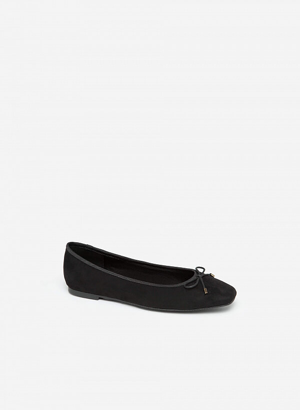 Giày Búp Bê Nubuck Mũi Vuông Phối Nơ - GBB 0421 - Màu Đen
