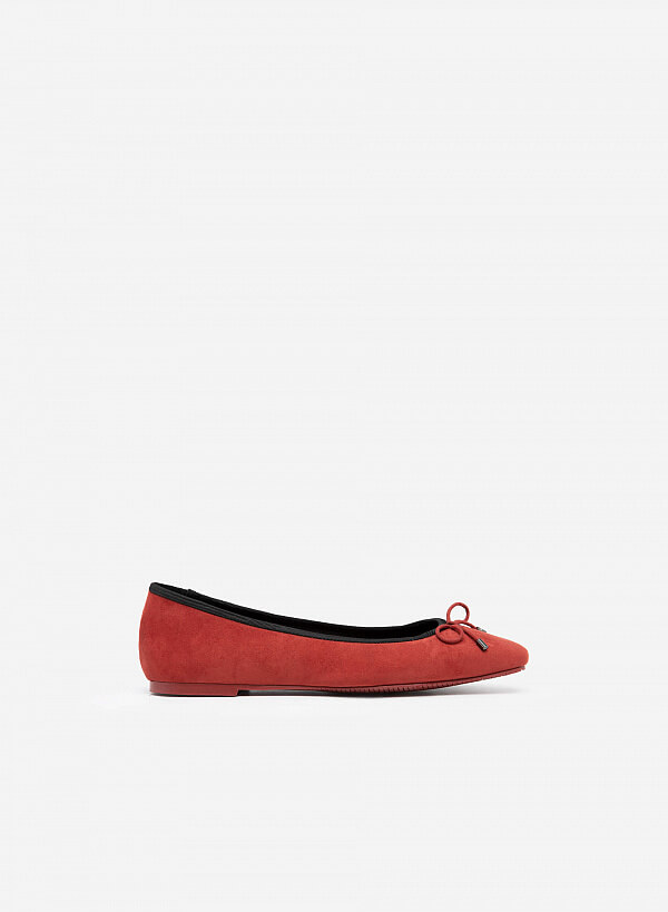 Giày Búp Bê Nubuck Mũi Vuông Phối Nơ - GBB 0421 - Màu Đỏ Đậm - VASCARA