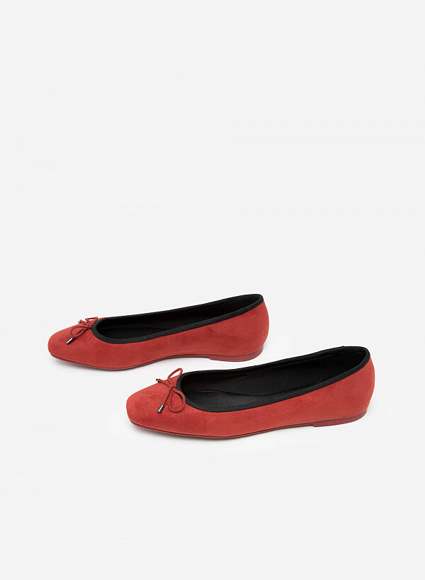 Giày Búp Bê Nubuck Mũi Vuông Phối Nơ - GBB 0421 - Màu Đỏ Đậm - VASCARA