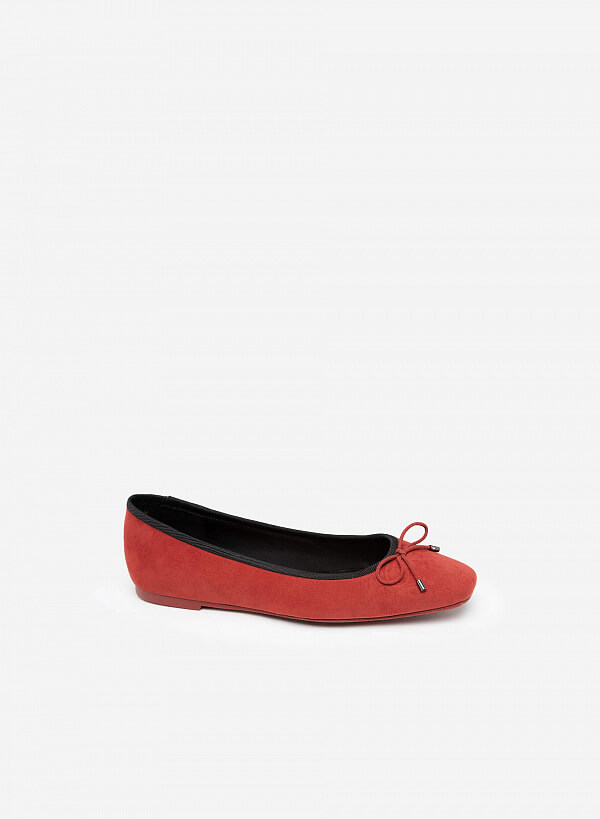 Giày Búp Bê Nubuck Mũi Vuông Phối Nơ - GBB 0421 - Màu Đỏ Đậm