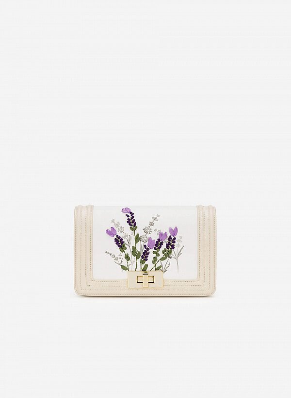 Túi Đeo Chéo Thêu Hoa Lavender - SHO 0165 - Màu Kem